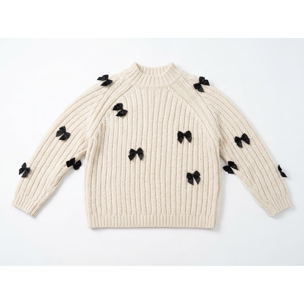 Zara Sweater Kids Size 8 Cream Excellent Black Bow Ribbed Chunky Knit Pullover